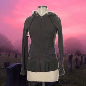 y2k dark Gray Zip-Up Hoodie with Fur Trim